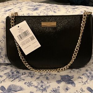 Chic Kate Spade Black Shoulder Bag with Gold Chain. Patent saffiano leather. NWT